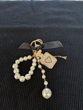 Gold Pearl Charm Keychain with Heart Perfume Bottle and 'CoCo' Pearl